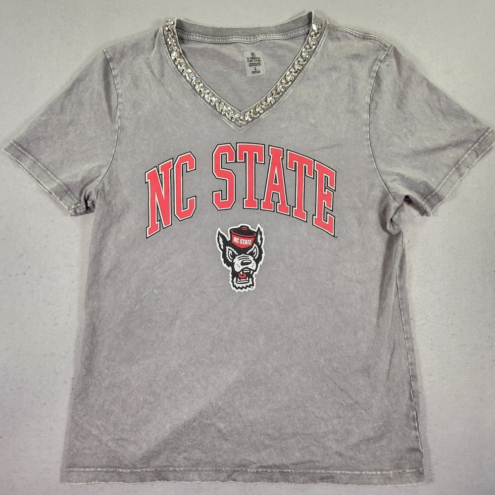 Gameday Couture NC State Wolfpack Rhinestone V-Neck Mineral Wash T-Shirt L NWT - Picture 1 of 8